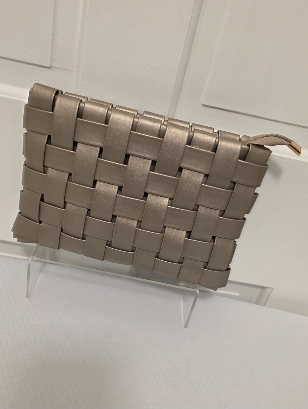 Anthropologie Taupe Woven Zip Clutch